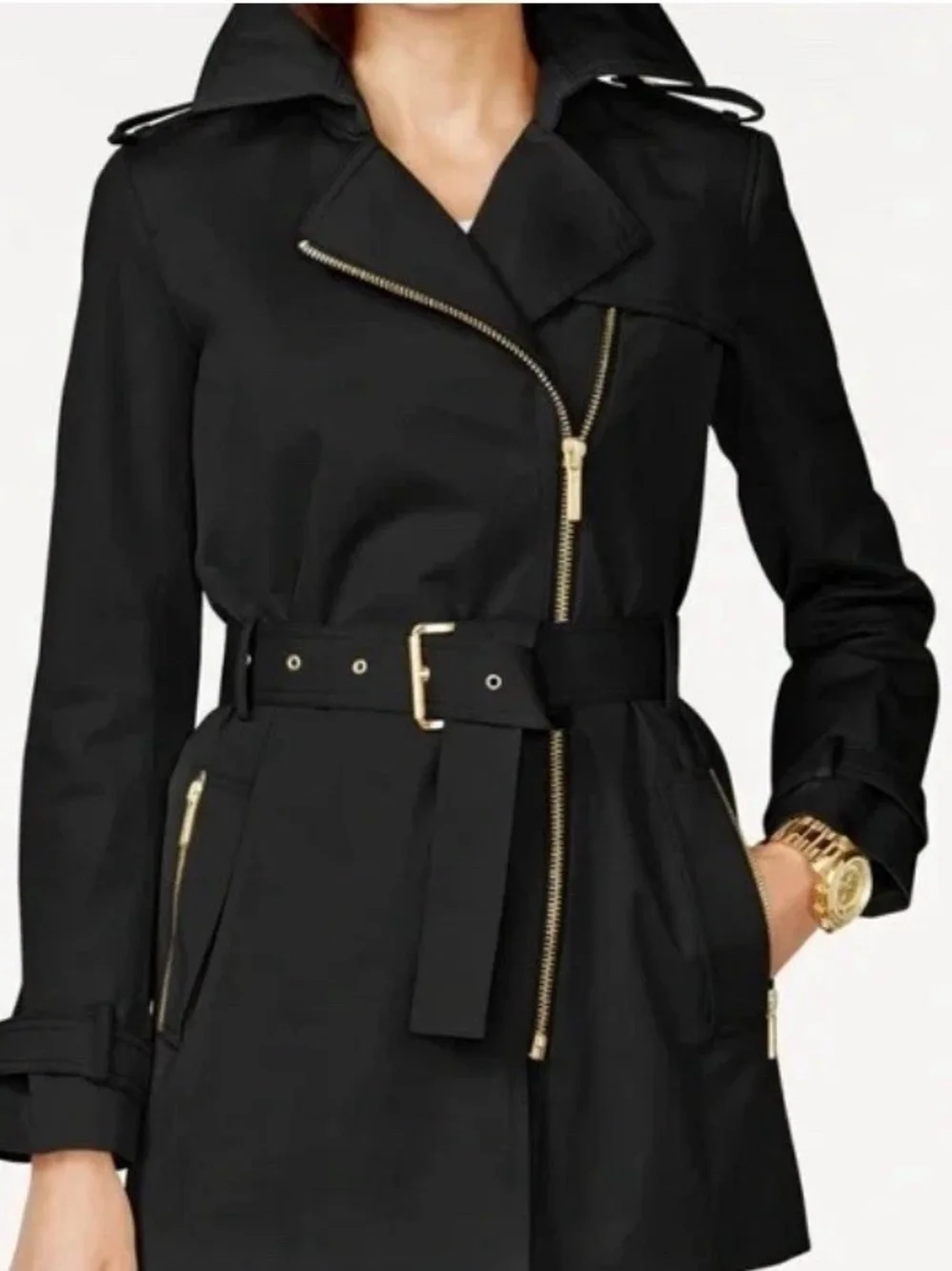 Michael Kors Black Trench Coat with Gold Hardware